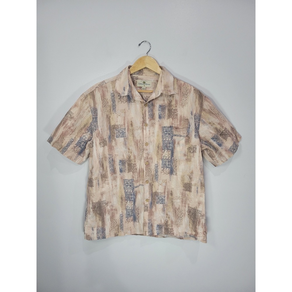 Island Shores Mens Large Cotton Abstract Tribal Geometric Button Down Shirt Tan